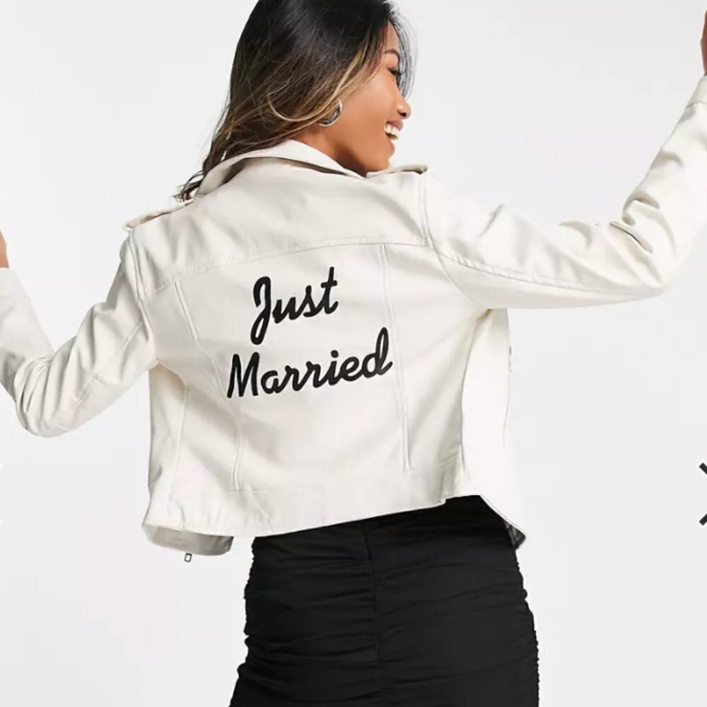 Barney’s Originals Faux Leather Just Married Ecru Jacket - Size 12 - Picture 3 of 15